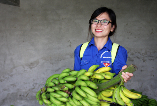 Ngày 18/11, tại Hà Nội, 2 điểm bán chuối giúp đỡ người dân Vĩnh Phúc được mở ra ở địa chỉ 23 Lạc Trung (quận Hai Bà Trưng) và 46 Liễu Giai (quận Ba Đình). Đông đảo người dân đã đến mua ủng hộ. Ảnh: “Em biết đến chiến dịch “giải cứu” chuối qua một người bạn. Thông cảm hoàn cảnh của người nông dân Vĩnh Phúc nên em muốn đóng góp một phần công sức nhỏ bé của mình giúp đỡ họ”, Hoàng Hà chia sẻ.