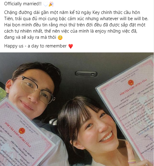 Mới đây trên trang cá nhân hot girl Mẫn Tiên đã thông báo đăng ký kết hôn với Key (thành viên nhóm Monstar).
