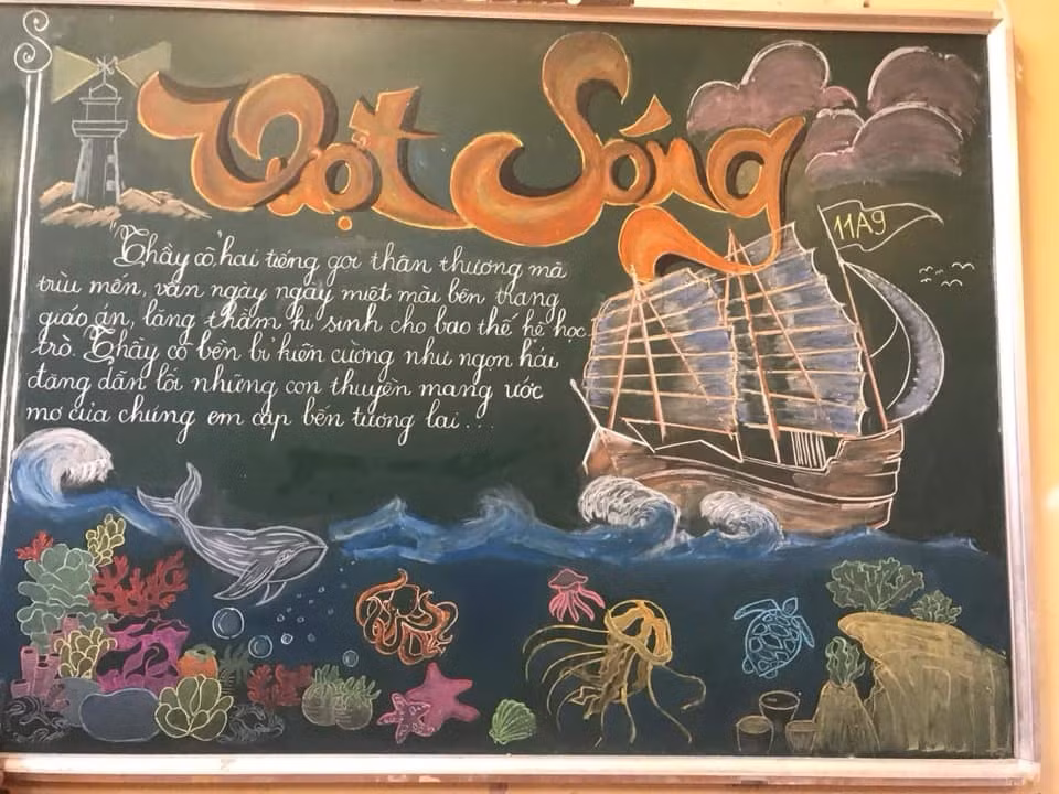 Nhân ngày 20/11 nhiều bạn học sinh của một trường cấp 3 đã chuyển sang xu hướng làm "báo bảng", vẽ nên các "tờ" báo bằng phấn trắng trên nền bảng đen.