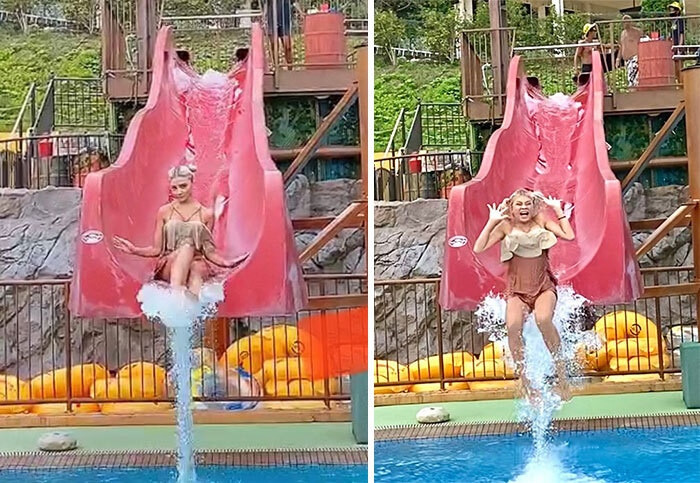 Mặc dù rất sợ hãi với nước nhưng cô gái này vẫn cố gắng tạo dáng để có bức ảnh đẹp nhất.