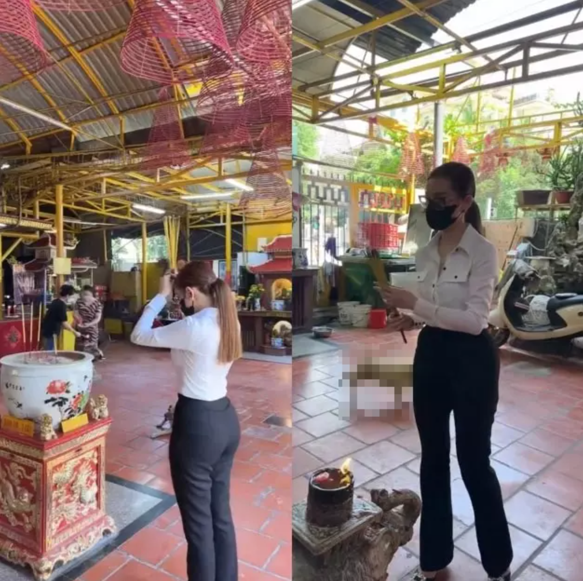 Tránh gây sự chú ý, cô diện trang phục đơn giản, đeo mắt kính và mang khẩu trang kín mít.