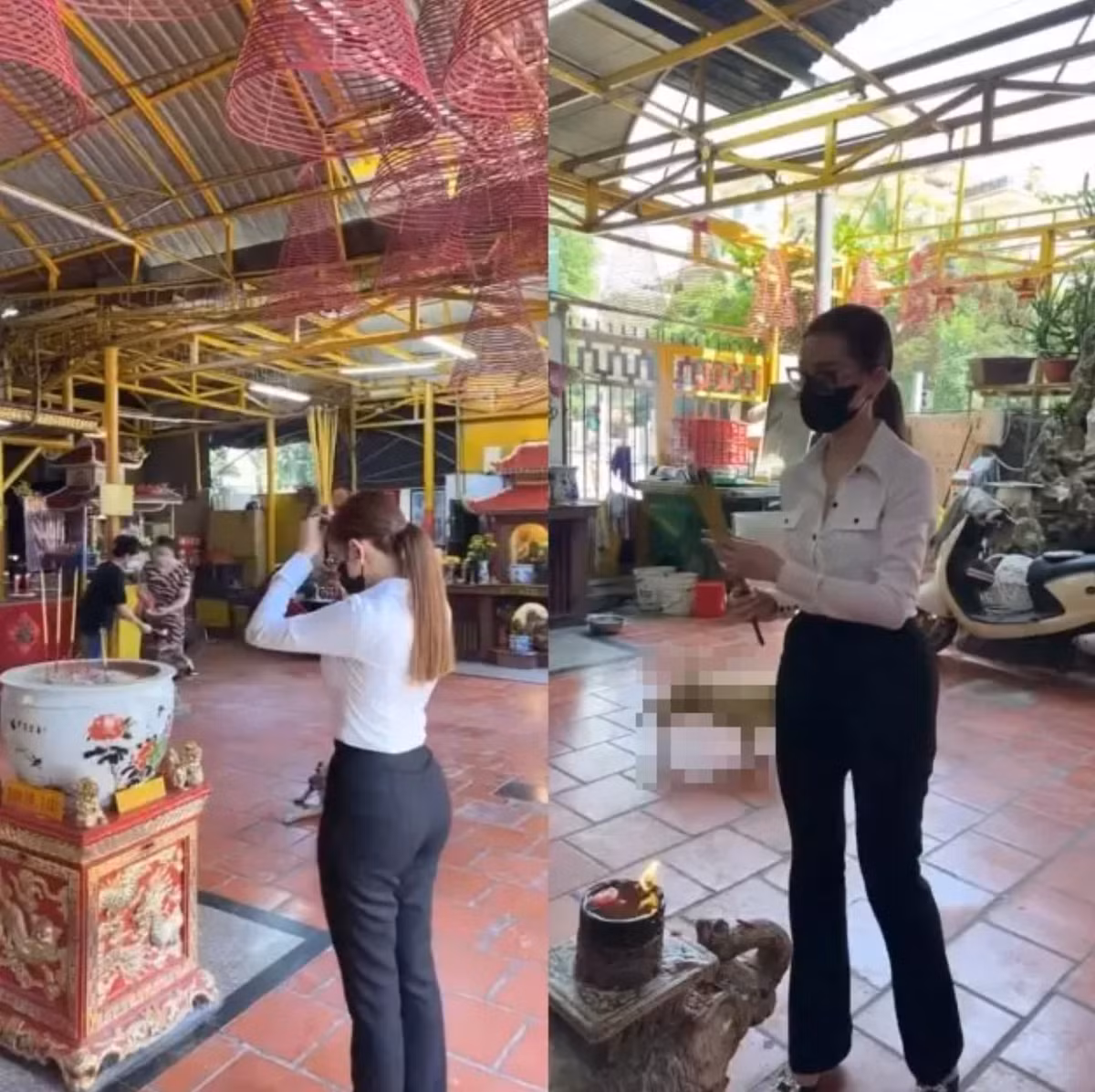 Tránh gây sự chú ý, cô diện trang phục đơn giản, đeo mắt kính và mang khẩu trang kín mít.