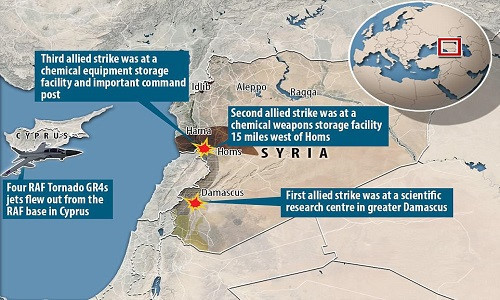 CNN dẫn lời quan chức quốc phòng Mỹ cho hay, chiến dịch không kích Syria được bắt đầu lúc 21h tối 13/4 và nhằm vào 3 mục tiêu ở Syria bao gồm: Trung tâm Nghiên cứu Khoa học ở Damascus, kho vũ khí hóa học ở Homs, kho chứa nguyên liệu vũ khí hóa học gần kho vũ khí hóa học ở Homs. Daily Mail.