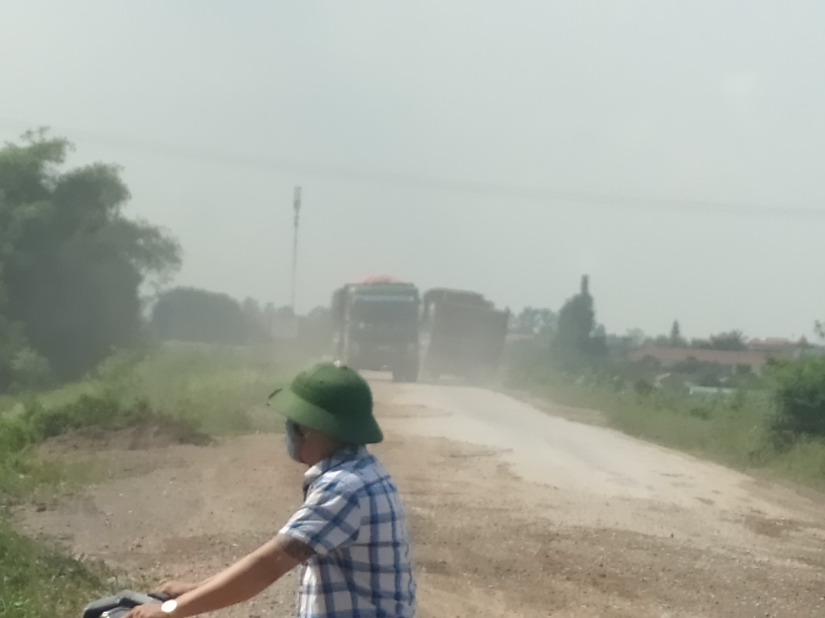 Những chiếc xe tải hạng nặng chạy ngày đêm qua tuyến đường đê này để chở vật liệu.