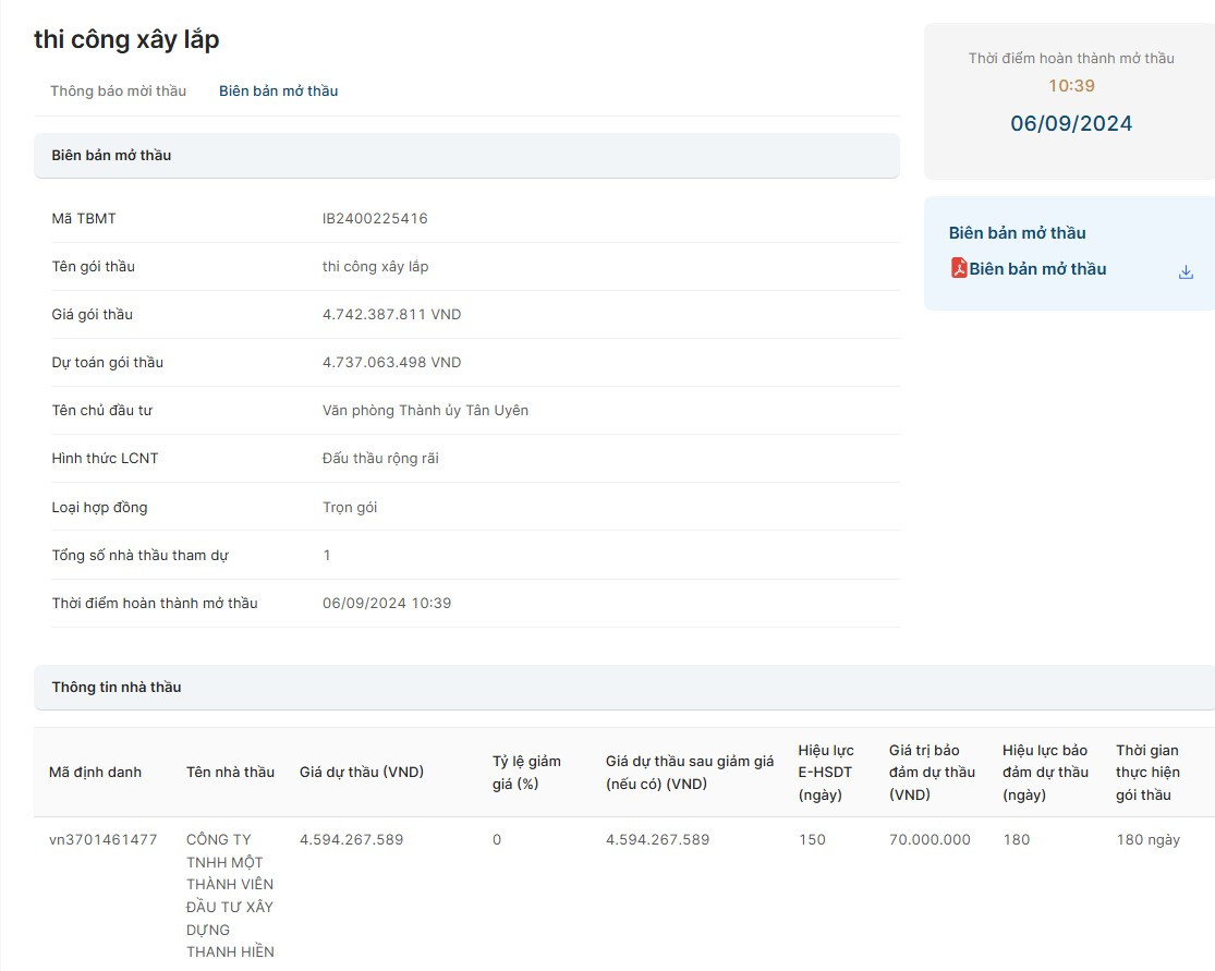 Binh Duong: Duy nhat Cty Thanh Hien du 3 goi thau tai Tan Uyen