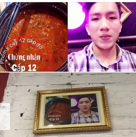 Chàng sinh viên Đại học Vinh đã được chủ quán phong tặng bằng khen, chứng nhận đã chinh phục được món mì cay cấp độ cao nhất từ trước đến nay. Ảnh trong bài: Danviet