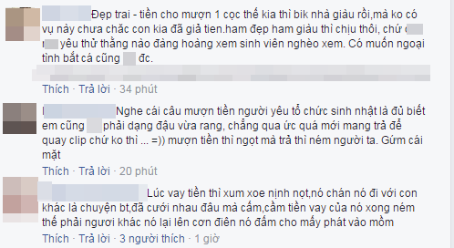 Một tài khoản khác cũng lên tiếng cho rằng, cô bạn gái trên cũng không phải dạng vừa khi thoải mái mượn tiền người yêu tổ chức sinh nhật, lúc vay tiền thì xun xoe nịnh nọt, chưa cưới nhau đã cầm tiền của bạn trai, giờ lại ném tiền của người ta... Dù người trong cuộc vẫn chưa lên tiếng về clip bắt cá 2 tay bị bạn gái bóc "phốt" nhưng câu chuyện vẫn đang trở thành chủ đề bàn tán xôn xao của dân mạng trong vài giờ qua. Ảnh trong bài: Beat.vn