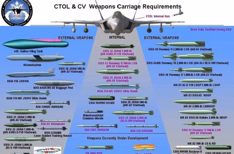 Trong ảnh thể hiện điểm treo nào có thể mang những loại vũ khí gì - không phải điểm nào nào cũng có thể mang mọi loại tên lửa, bom, pod tác chiến điện tử.