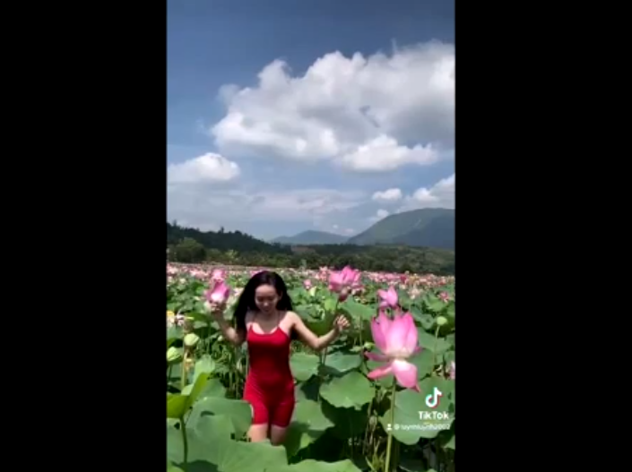 Thay vì diện áo dài hay yếm, hot girl này lại mặc một bộ đồ hai dây bó sát thường thấy ở phòng tập gym để khoe sắc bên hoa sen.