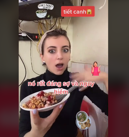 Trước clip lên án ăn thịt chó, nàng mẫu này từng quay nhiều clip khác và review các món ăn ở Việt Nam như tiết canh, tiết luộc, hay sầu riêng,...gây xôn xao dư luận.