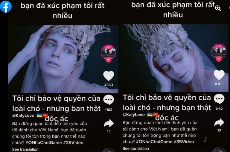 Sau khi bị làn sóng phản ứng trên TikTok, cô người mẫu Ukraina đã có những trạng thái "dỗi ngược" lại cộng đồng mạng Việt Nam. Cô nàng cho rằng người Việt Nam đã xúc phạm cô và không quan tâm đến thành ý của cô.