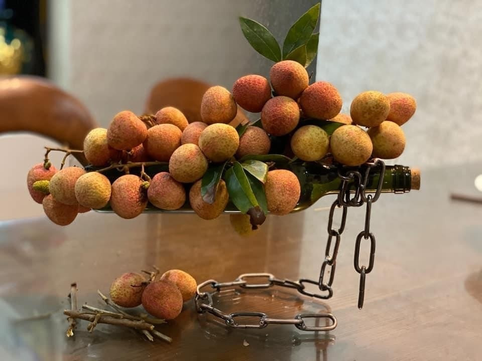 Nhiều người thích thú với ý tưởng độc đáo, sáng tạo khi dùng chính chùm vải tươi để cắm vào lọ hoa trang trí. Ảnh: Lê Thúy Nga