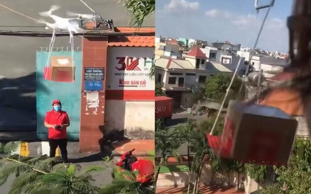 Trước đó trên MXH xuất hiện không ít hình ảnh người giao hàng "làm vì đam mê" khi sử dụng các thiết bị hiện đại, điển hình là flycam để giao hàng.