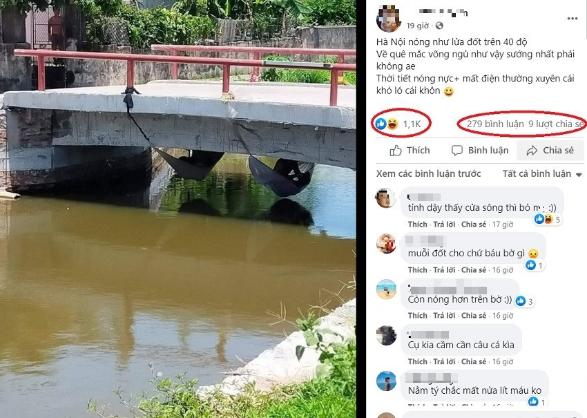Điều khiến cộng đồng mang mạng tranh cãi là chống nắng nóng dưới gầm cầu như thế này liệu có hiệu quả thật không? Ngoài ra, làm cách nào để hai người đó có thể nằm trên võng mà không bị ướt? Ảnh: Chụp màn hình