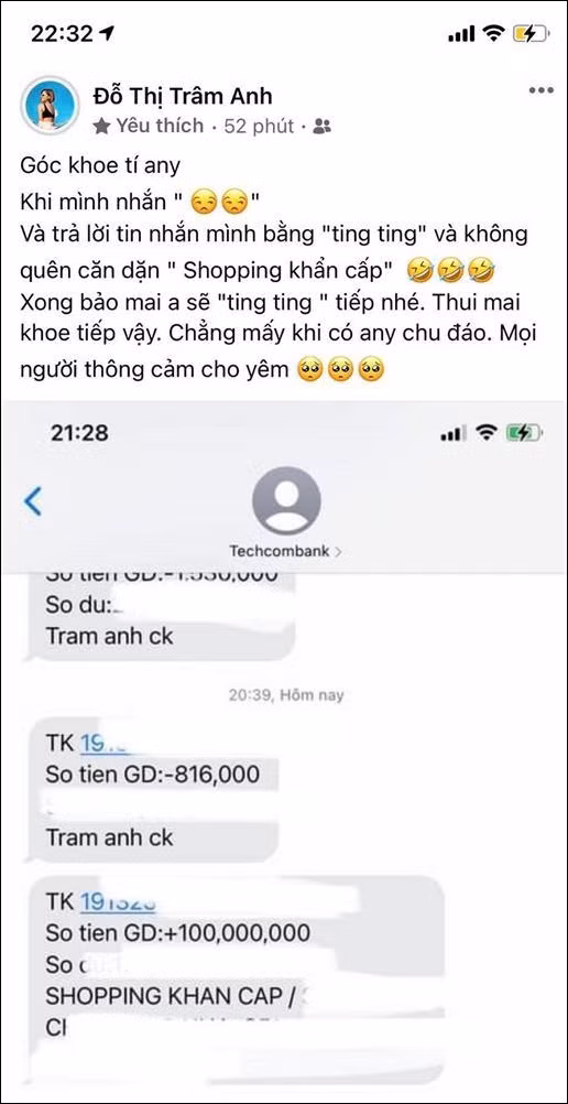 Cô nàng cũng từng khoe tài khoản vừa nhận được 100 triệu với nội "shopping khẩn cấp" từ người gửi. Ngoài ra, Trâm Anh cũng tiết lộ người chuyển tiền cho cô chính là bạn trai.