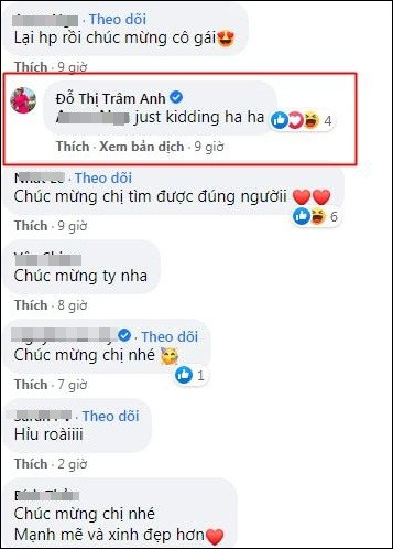 Sau khi hình ảnh được đăng tải lên trang cá nhân, nhiều người vào bình luận chúc mừng người đẹp đã tìm được hạnh phúc. Dù Trâm Anh có phản hồi đây chỉ là đùa thế nhưng lời giải thích này có vẻ như không ai tin.