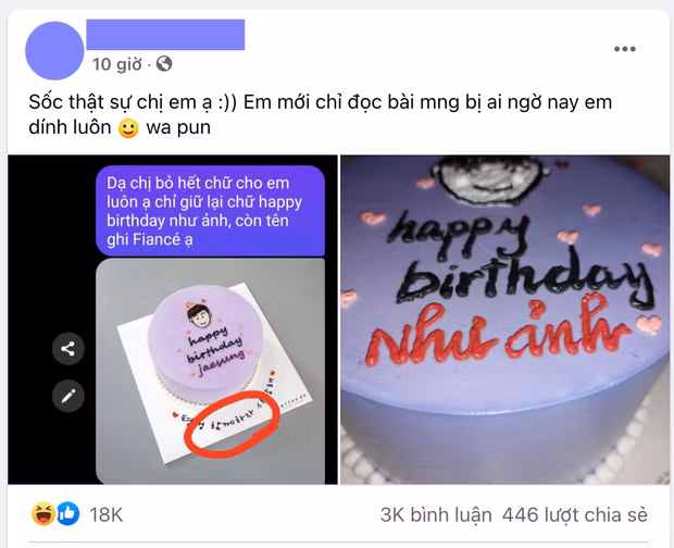 Mới đây, câu chuyện về một cô gái đặt bánh sinh nhật trên mạng và nhận về sản phẩm "thảm họa" đang khiến netizen "cười nghiêng ngả". Cụ thể, cô gái này đặt chiếc bánh sinh nhật màu tím, và kèm yêu cầu viết chữ như mẫu là "chỉ giữ lại chữ happy birthday như ảnh, còn tên ghi là Fiancé".