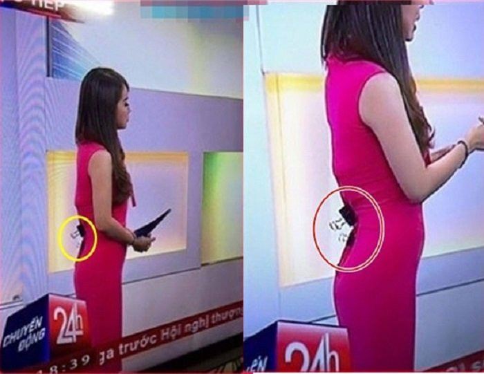 Vì bộ váy khá rộng so với vóc dáng nên BTV Trúc Mai phải dùng kẹp để nó trông vừa vặn hơn. Ảnh: Tổng hợp