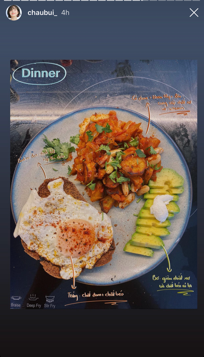 Hình ảnh món ăn ngày dịch của Châu Bùi không chỉ đẹp mắt mà lại cực kỳ bổ dưỡng, không bị béo dành cho người hoạt động nghệ thuật như cô.