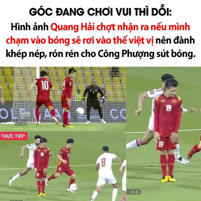 Khoảnh khắc đứng hình của Quang Hải được chế thành đang dỗi vô cùng hài hước. Ảnh: Facebook