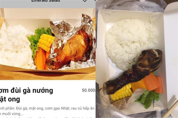 50.000đ một suất cơm và nhận lại được chiếc đùi gà "bóng đêm". Ảnh: Facebook