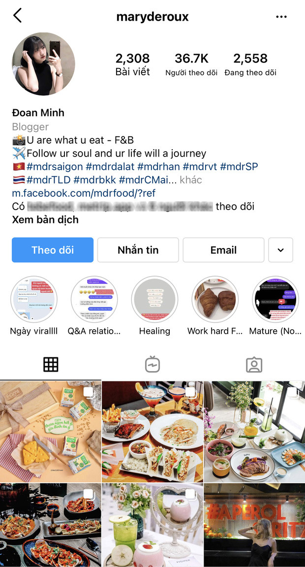 Ngoài ra, Đoan Minh còn sở hữu trang Instagram tới 36,7 ngàn follows và 2.308 bài viết chuyên review ẩm thực.
