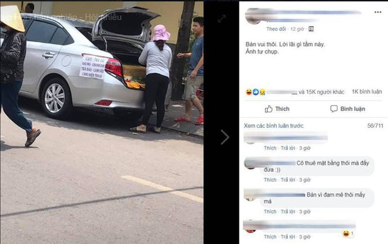 Một chị bán hàng rong tương tự với chiếc ô tô đời mới chỉ để đi bán “cafe, trà đào, trà tắc, cam vắt… card điện thoại”.