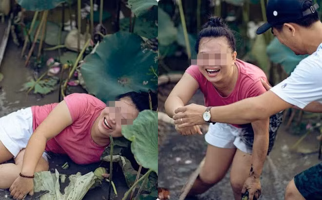 Có lẽ, cô gái này muốn thực hiện một bộ ảnh khác với những tấm hình đã chụp ở hồ sen trước đó nên cô chỉ diện áo hồng, quần short trắng. Tuy nhiên, thuyền bị lật, cô ngã luôn xuống ao sen. Quần và một góc áo ướt, lấm hết bùn đen.