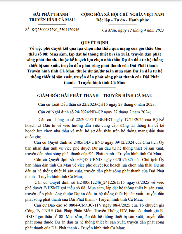 Nang luc nha thau trung goi mua sam thiet bi hon 17 ty cho Truyen hinh Ca Mau