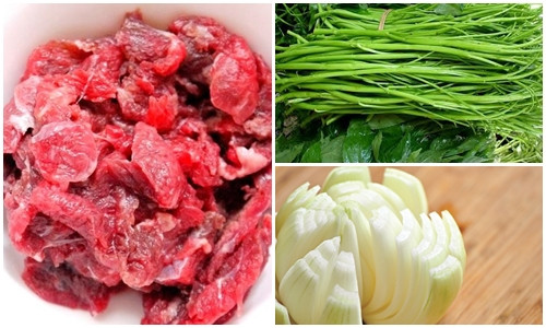 Nguyên liệu để làm món gỏi rau muống thịt bò gồm: Rau muống: 1 bó; Hành tây: 1 củ; 250g thịt bò xắt lát mỏng; Nước mắm ngon, giấm, chanh đường, tỏi băm, ớt băm; Rau thơm, đậu phộng rang giã sơ.