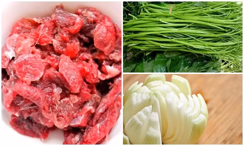 Nguyên liệu để làm món gỏi rau muống thịt bò gồm: Rau muống: 1 bó; Hành tây: 1 củ; 250g thịt bò xắt lát mỏng; Nước mắm ngon, giấm, chanh đường, tỏi băm, ớt băm; Rau thơm, đậu phộng rang giã sơ.