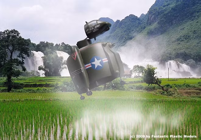 Convair Model 49 là mẫu máy bay cất cánh thẳng đứng quái dị do công ty Convair chế tạo vào những năm 1960. Máy bay sử dụng động cơ cánh quạt để cất, hạ cánh tương tự như trực thăng. Buồng lái có thể điều chỉnh vuông góc so với phần động cơ đẩy khi hạ cánh hoặc gập lại khi bay thẳng tạo nên thiết kế khí động học "chẳng giống ai". Dự án sau đó đã bị hủy bỏ do tính bất thường trong thiết kế. Ảnh đồ họa: Fantastic Plastic