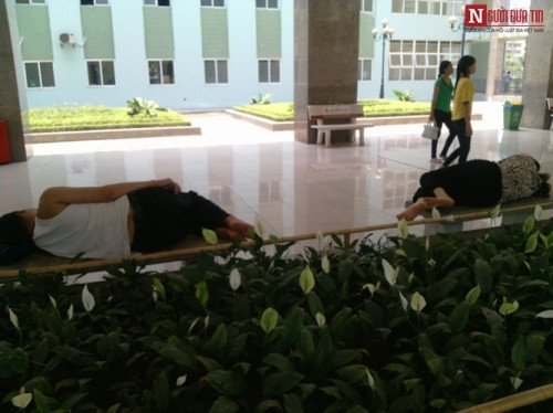 Một cặp vợ chồng trung tuổi ra chăm con trai đang điều trị ở Bệnh viện K. Ghế đá dường như đã trở nên quen thuộc với họ, một giấc ngủ ngon và không chút giật mình.