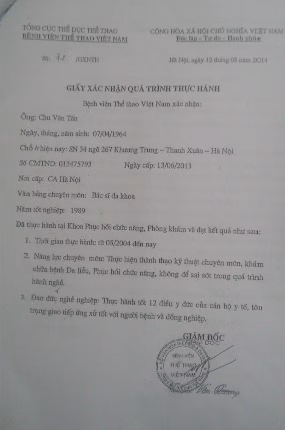 Giấy xác nhận quá trình thực hành mà BV Thể thao Việt Nam cấp cho ông Chu Văn Tấn.