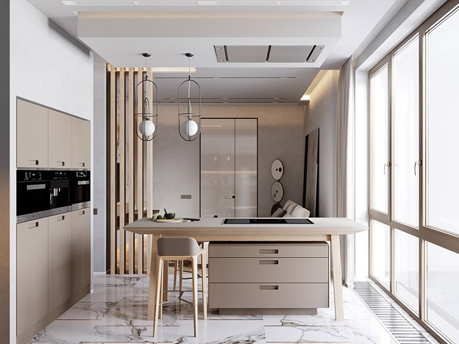 Gạch lát đá cẩm thạch tinh xảo được trưng bày trong nhà bếp tối giản, màu be nhẹ nhàng.