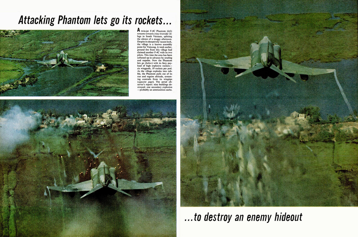 Một trong những loại máy bay được Mỹ sử dụng nhiều nhất trong các chiến dịch không kích chiến thuật trên bầu trời Việt Nam là tiêm kích bom F-4 Phantom II. Điều đặc biệt đó là chỉ phiên bản F-4E của Không quân Hải quân Mỹ được trang bị pháo, các phiên bản khác của Không quân và Lục quân Mỹ hoàn toàn không có pháo hay súng mà chỉ có tên lửa và pháo phản lực. Nguồn ảnh: Life.