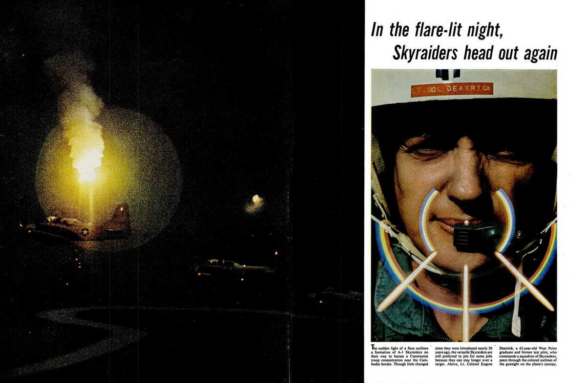 Các máy bay A-1 Skyraiders tung hỏa châu rọi sáng trận địa để phối hợp cùng bộ binh Mỹ tác chiến trong đêm. Bên phải là hình ảnh phi công Mỹ trên khoang lái khi tác chiến. Nguồn ảnh: Life.