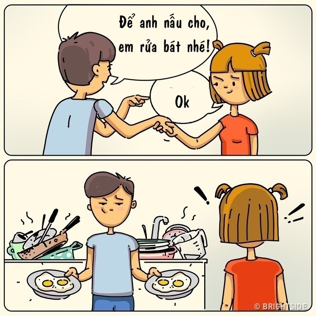 Mỗi người phụ một tay công việc sẽ nhanh hơn, nhưng trong trường hợp này thì không, “Để em nấu, hãy để tự em nấu!”. Đơn giản là vì chẳng ai muốn xử lí một bãi chiến trường như thế này đâu.
