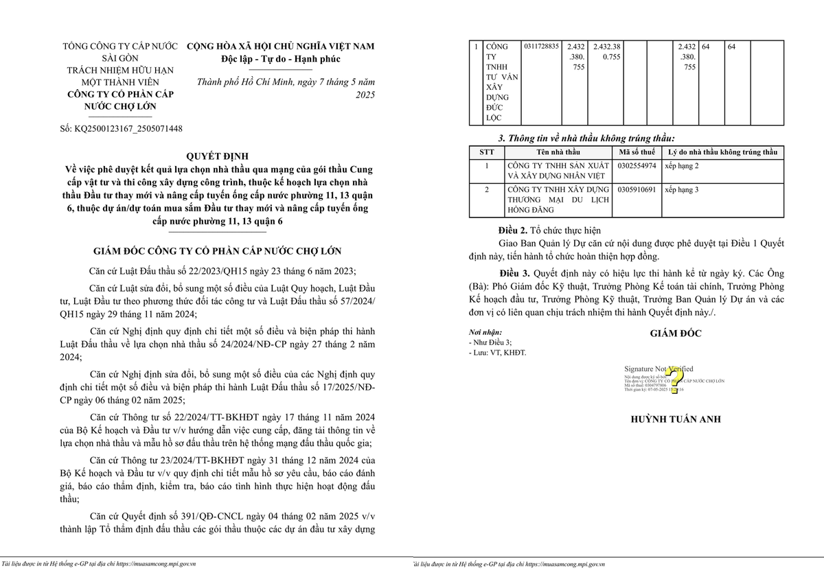 TP HCM: Dự án nâng cấp tuyến ống nước quận 6 gọi tên Cty Đức Lộc TP HCM: Du an nang cap tuyen ong nuoc quan 6 goi ten Cty Duc Loc