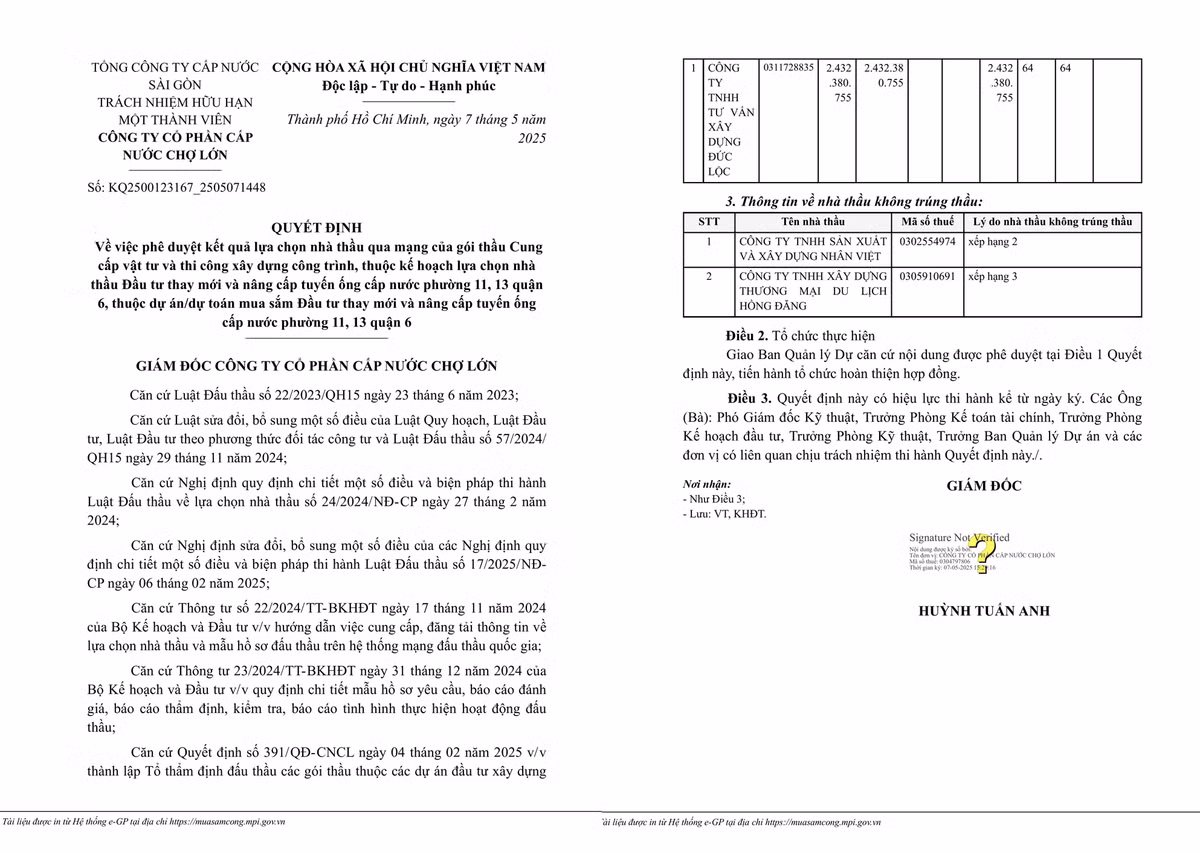TP HCM: Du an nang cap tuyen ong nuoc quan 6 goi ten Cty Duc Loc