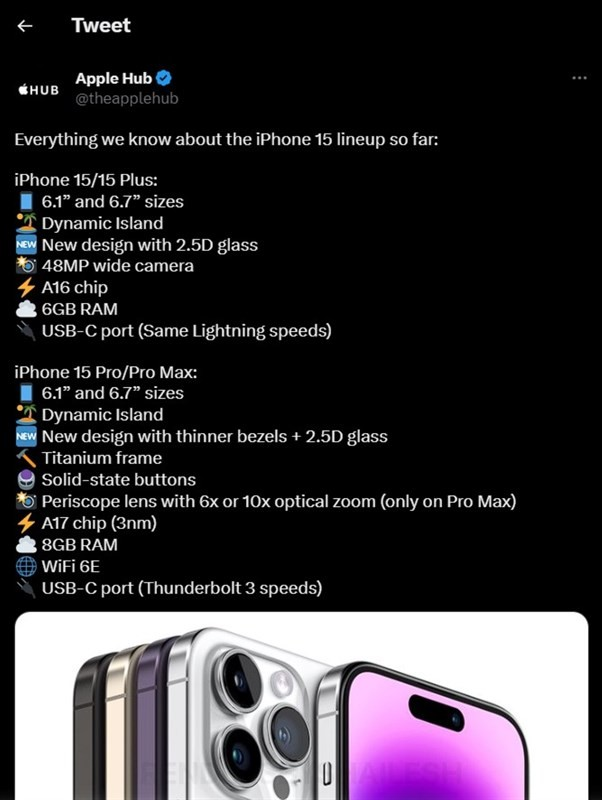 Các tin đồn trước đây cho thấy, iPhone 15 và iPhone 15 Plus đều sẽ có camera chính với độ phân giải 48 MP. Một nguồn tin khác lại cho rằng, thiết kế mới đang được đồn đoán có thể có dạng bo tròn.