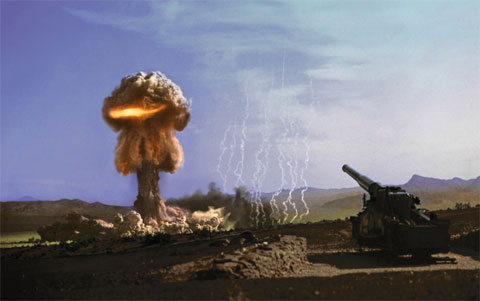 Một quả bom nguyên tử được bắn ra từ súng đại bác tại bang Nevada vào năm 1953. Quầng lửa trong đám bụi hình nấm là hiệu ứng mà các nhà khoa học thời đó muốn tìm hiểu.