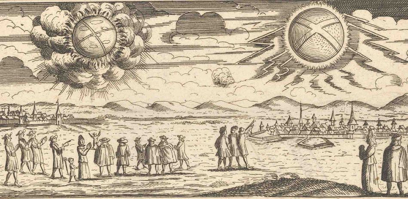 Sau trận chiến đáng kinh ngạc này, trên bầu trời xuất hiện một vật thể lạ hình tròn dẹt, giống cái đĩa, trông như cái mũ lớn của đàn ông… Nó có màu bạc hơi tối, bay lượn ngay trên nhà thờ St. Nicolai.