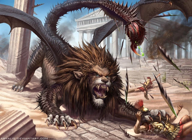 1. Manticore: Giống như hình tượng nhân sư ở Ai Cập, quái thú này có thân sư tử, đầu người, đôi cánh dơi và đuôi của loài bọ cạp. Nguồn gốc của chúng tới từ các câu chuyện thần thoại Ba Tư cổ với tên "Man - eater" (Ăn thịt người). Chúng cũng xuất hiện trong Ctesias của người Ấn Độ.