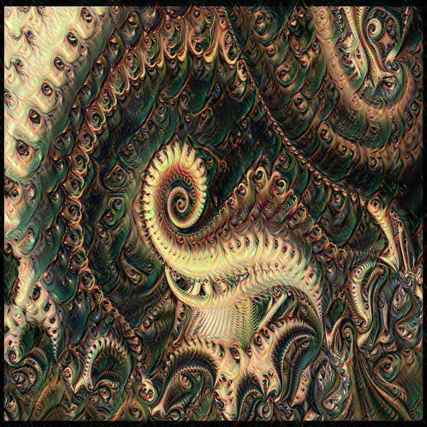 Mandelbrot fractal nhìn qua trí thông minh nhân tạo: Một phân dạng Mandelbrot được tái thể hiện bởi một thuật toán được tạo nên từ các chân dung của tác giả.