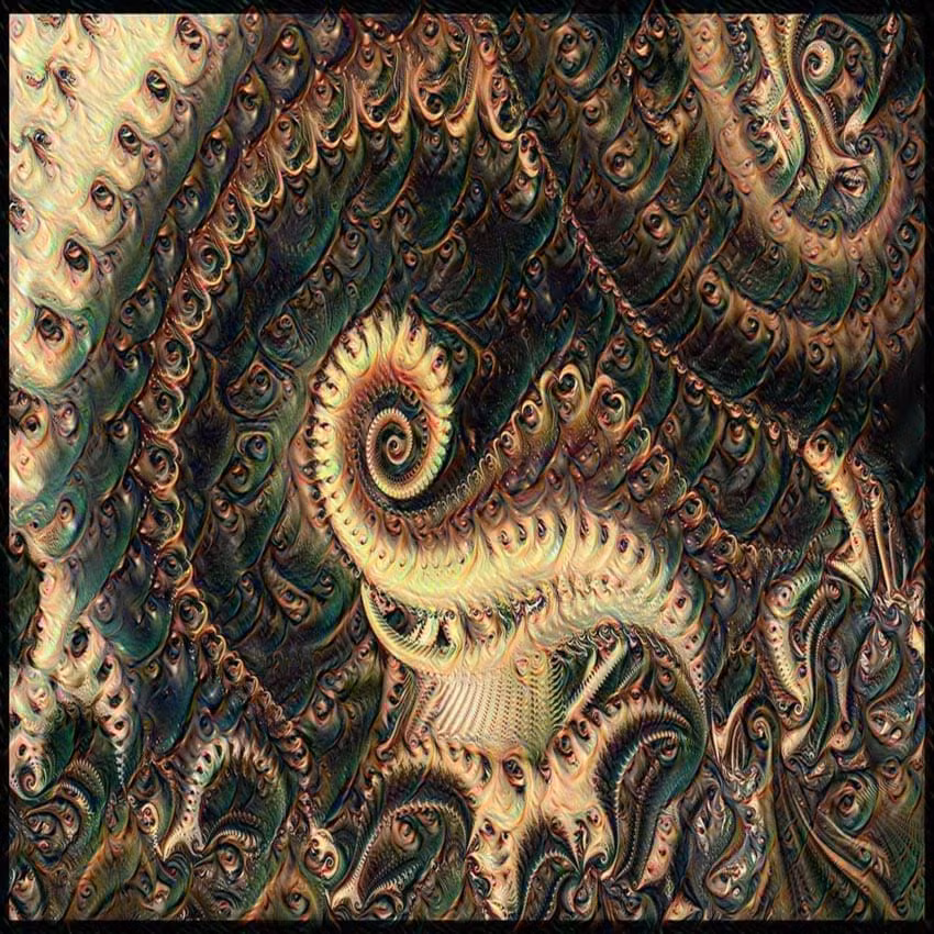 Mandelbrot fractal nhìn qua trí thông minh nhân tạo: Một phân dạng Mandelbrot được tái thể hiện bởi một thuật toán được tạo nên từ các chân dung của tác giả.