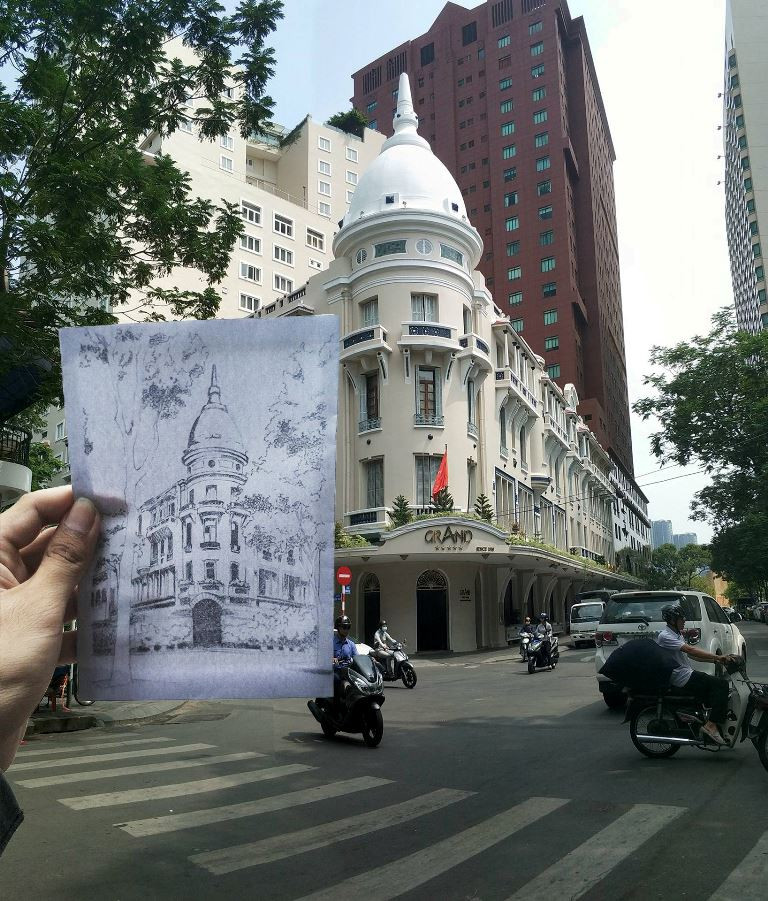 Nhắc đến các công trình lâu đời tại Sài Gòn không thể thiếu khách sạn Grand, 8 Đồng Khởi, Q.1. Sau bao lần đổi tên, nâng cấp sửa chữa và cho đến hôm nay khách sạn vẫn còn giữ được nét đẹp cổ kính của Pháp. Đây cũng là cảm hứng của sinh viên với đề tài khắc hoạ lại một góc xưa của Sài Gòn trước dấu mốc lịch sử 30/4/1975. (Tác giả: Võ Minh Huy).