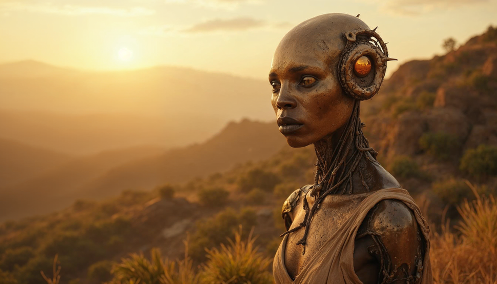 Ở Sao Kim, họ sẽ có làn da ánh kim để chịu nhiệt độ cao và đôi mắt lớn vàng thích nghi với ánh sáng mạnh.(Ảnh: Freepik/Future AI)