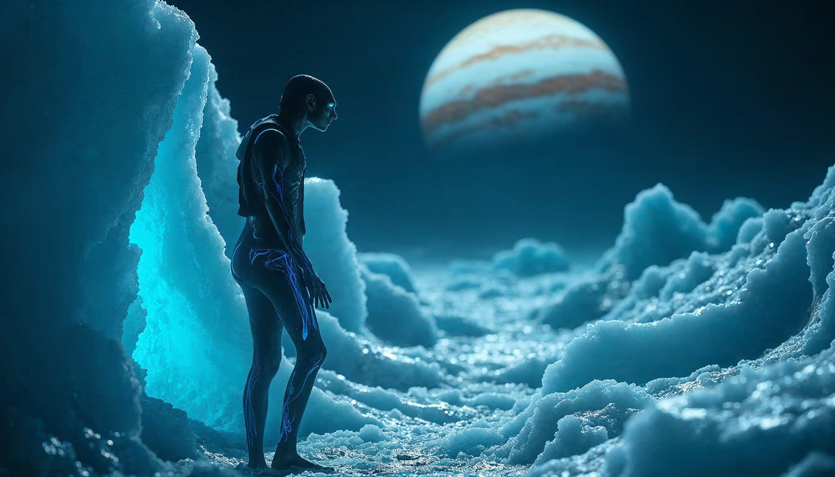 Những người sống trên các mặt trăng băng giá như Europa sẽ có da trong mờ, mắt phát quang và bàn tay có màng để bơi.(Ảnh: Freepik/Future AI)