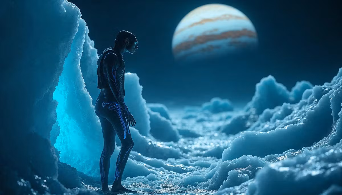 Những người sống trên các mặt trăng băng giá như Europa sẽ có da trong mờ, mắt phát quang và bàn tay có màng để bơi.(Ảnh: Freepik/Future AI)